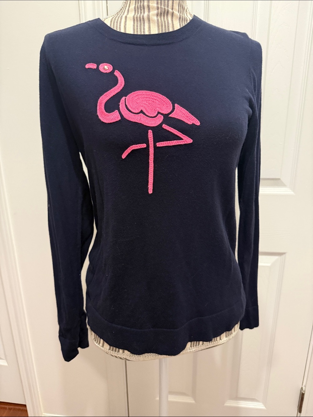 J. Crew Factory Navy Long-Sleeve Crewneck with Pink Flamingo Applique